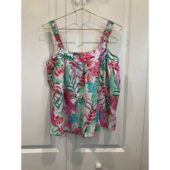 Cynthia Rowley New York tropical top smocked straps button back 100% linen SMALL - Picture 2 of 5